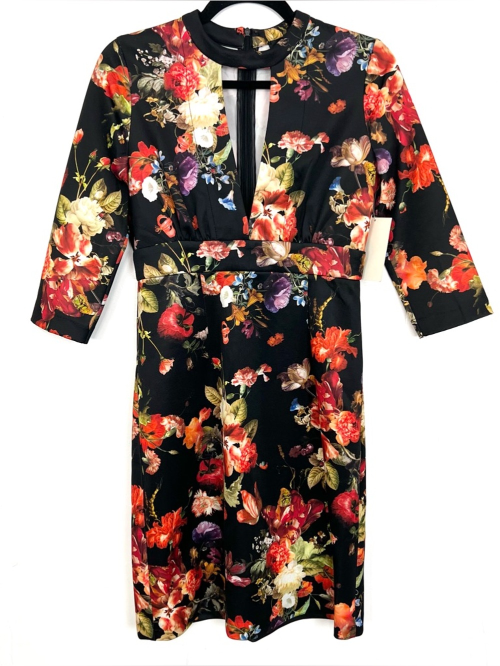 NWT‎ Boston Proper Alexia Admor Black Colorful Floral 3/4 Slv Dress Small Party